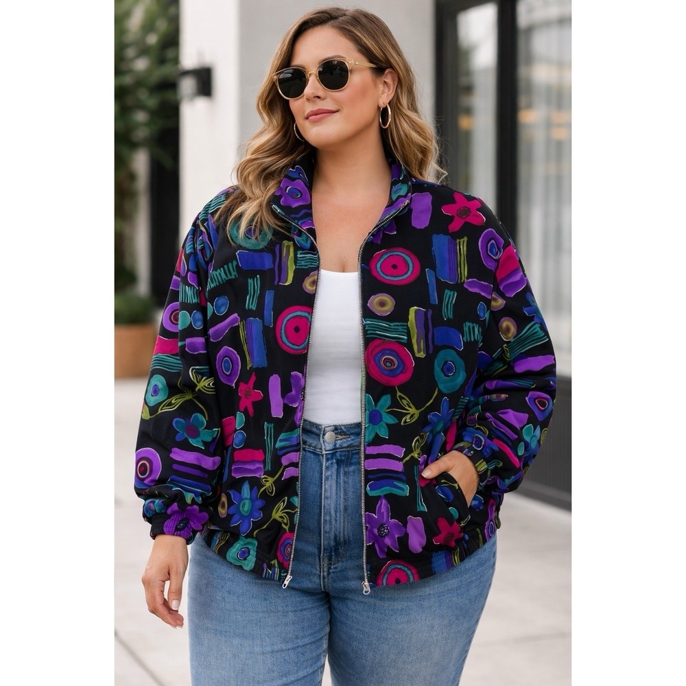 Vintage Teddi Women Abstract Floral Full Zip Bomber Jacket Black Purple L